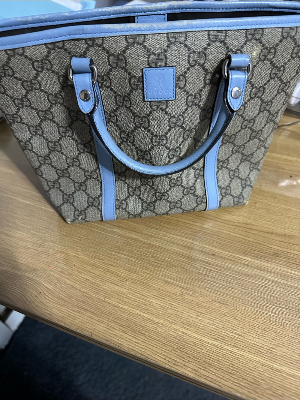 CLOSET CLOSING Gucci Beige MINI GG Tote with Light Blue Trim and Handles